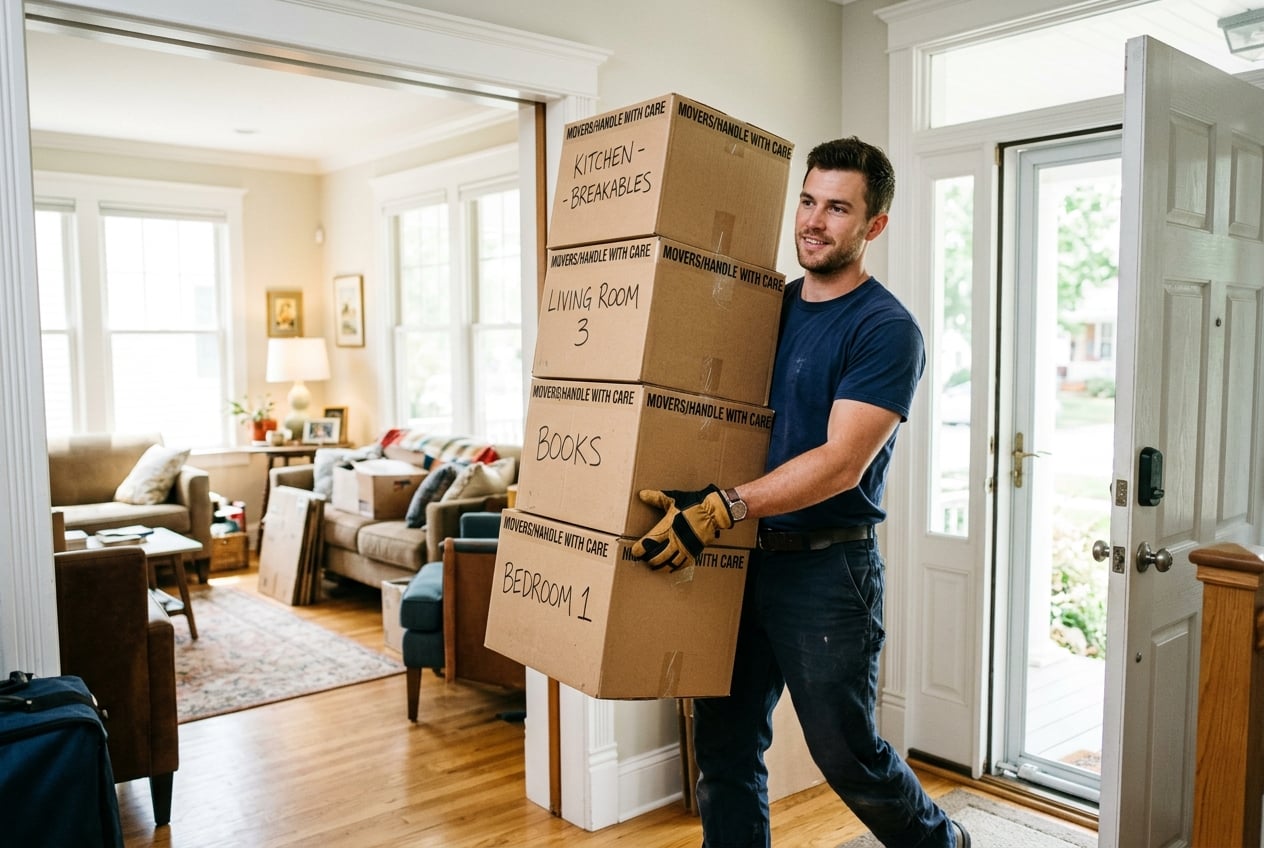 A WeMove Pittsburgh mover carrying a stack of labeled moving boxes through a doorway