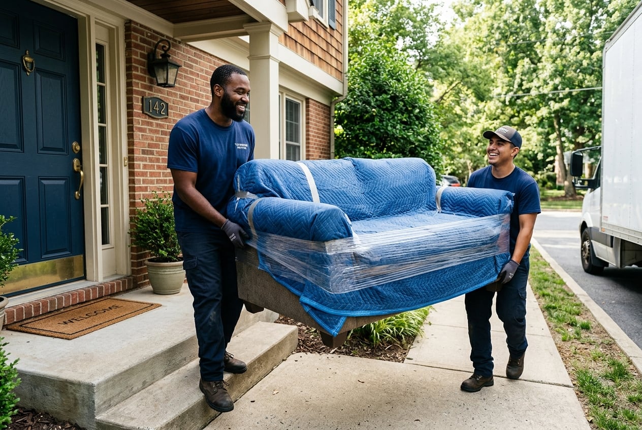 Two WeMove Pittsburgh movers carrying a wrapped sofa out of a home together
